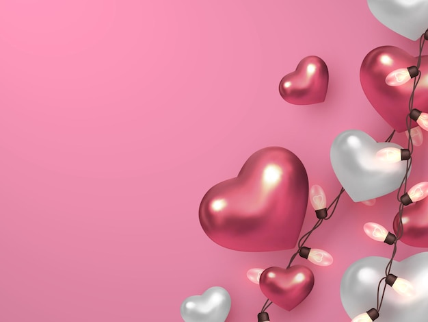 metalen harten met elektrische slingers op pastel roze achtergrond.