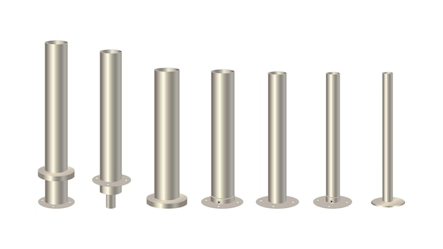 Metalen kolom met verschillende diameters van realistisch staal, aluminium of roestvrij staal