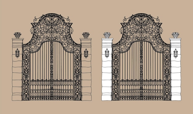 Metalen poort voor het kasteel. Vector illustratie. Concept. Vrolijk Halloween Zwart en wit