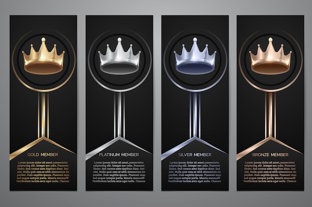 Metalic crown in black banner, Gold, Platinum, Silver, Bronze, illustration.