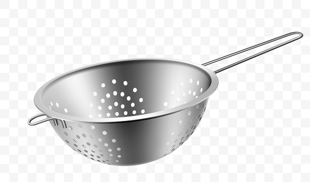 Vector metallic colander for cooking kitchenware collection isolated on transparent background realistic 3d vector illustration utensils for cooking