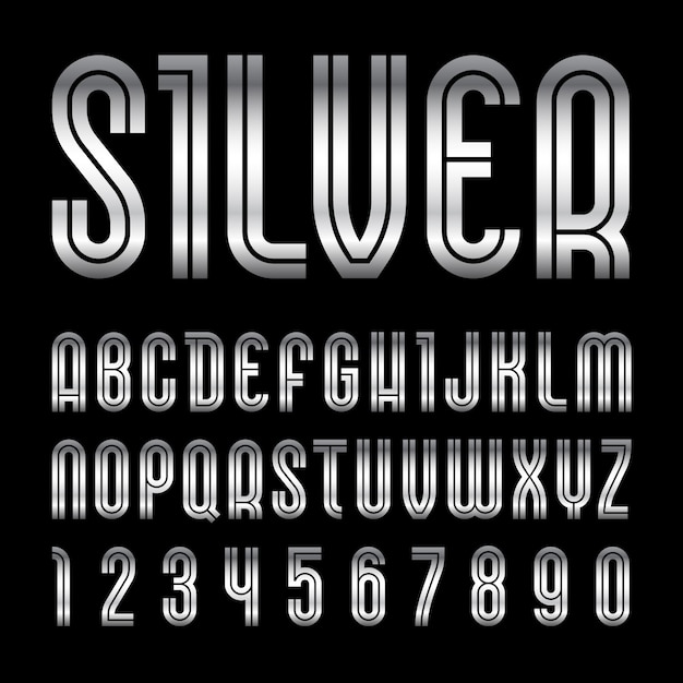 Vector metallic font. trendy alphabet, silver letters