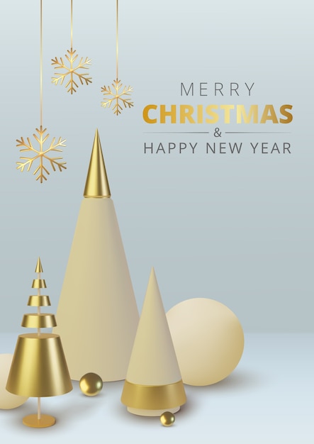 Metallic gold Christmas tree. Realistic abstract background with. Greeting card, invitation with happy New year and Xmas