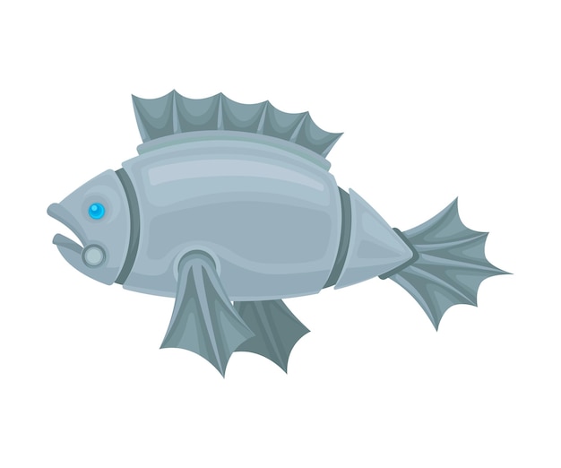Vettore pesce robot grigio metallico con coda e pinne riflettenti vista laterale illustrazione vettoriale su sfondo bianco