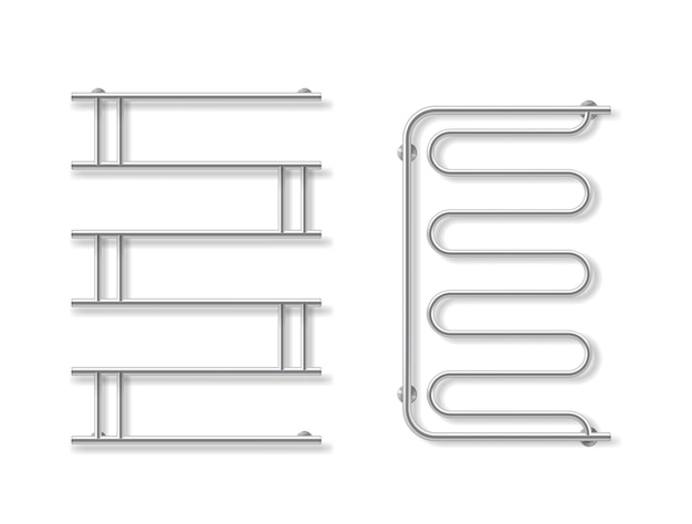 Set scaldasalviette metallico realistico collezione di scaffalature combinate cromate per asciugare i vestiti isolati design appendiabiti da bagno supporto per apparecchiature domestiche per asciugare illustrazione vettoriale