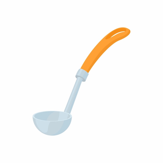 Vector metallic ladle with orange handle icon in cartoon style on a white background