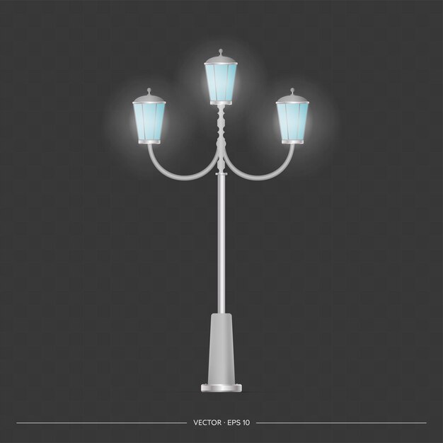 Metallic lanterns that shine. Lamp post with realistic light. Vector.