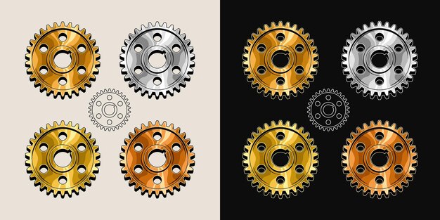 Vector metallic polished gears in vintage style