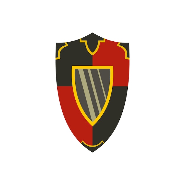 Metallic red and black shield icon in flat style on a white background