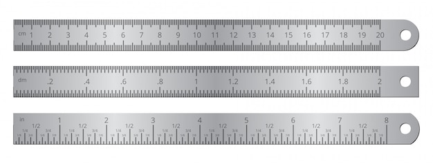 Metallic school rulers with inch and centimeter measuring scale vector illustration isolated
