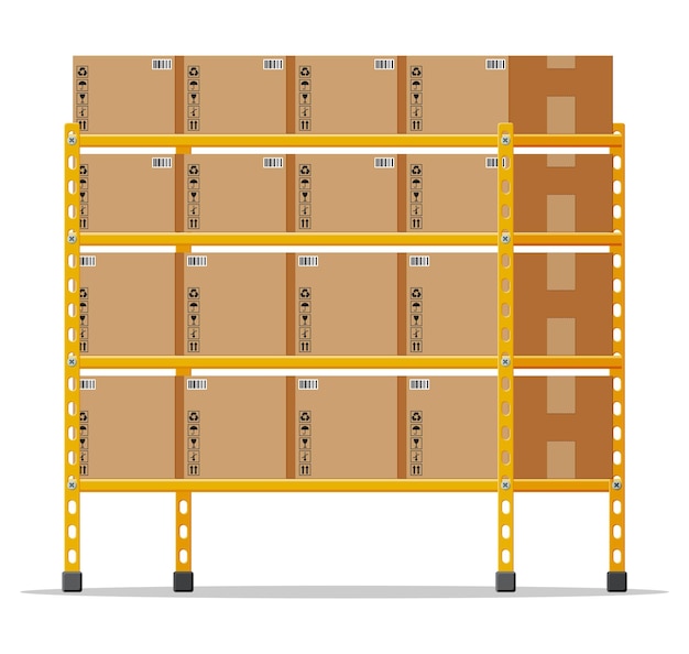 Metallic shelves with carton brown boxes. goods and container package. pile cardboard boxes set. delivery packaging closed box with fragile signs. vector illustration in flat style