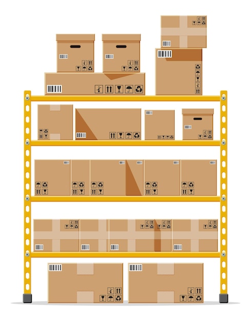 Metallic shelves with carton brown boxes Goods and container package Pile cardboard boxes set Delivery packaging open and closed box with fragile signs Vector illustration in flat style