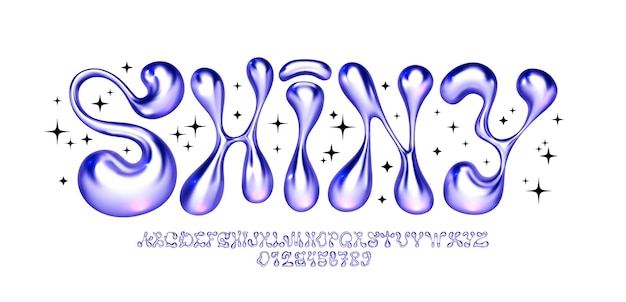 Metallic y2k font Liquid bubble iron alphabet with melted letters and funky numbers Glossy 3D flux