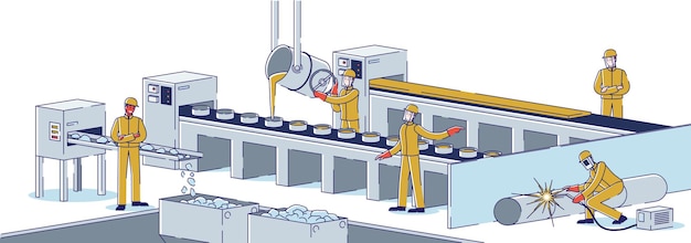 Metallurgical industry concept. team of metallurgists is working at metallurgical plant melting steel, manufacturing metal products. factory workshop. cartoon linear outline flat vector illustration