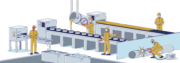 ベクトル 冶金産業の概念。冶金学者のチームは、冶金プラントで鋼を溶かし、金属製品を製造しています。工場ワークショップ。漫画の線形アウトラインフラットベクトル図