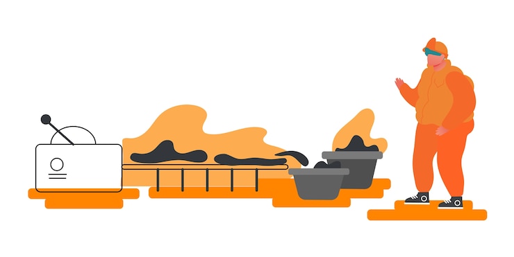 Vector metallurgy worker watching on conveyor belt carrying steel or iron workpiece making quality control on factory.
