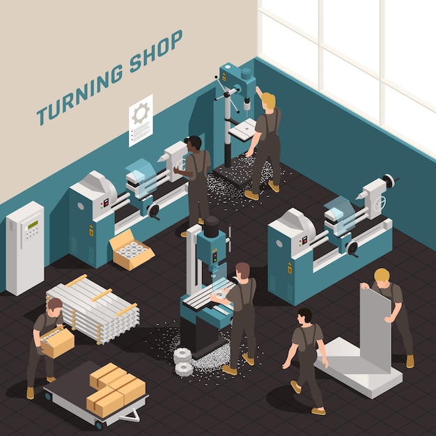 Vettore composizione isometrica dell'attrezzatura di precisione della struttura del negozio di lavorazione dei metalli con le persone che lavorano sull'illustrazione dei torni del metallo