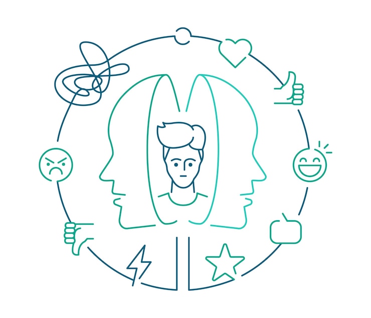 Vector metaphor bipolar disorder mind mental concept illustration line art style editable vector stroke