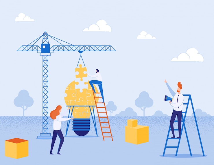 Vector metaphor building yard for creating idea and team