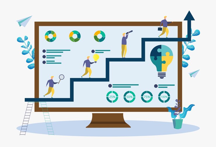 Vector metaphor of career success achieve success and goals in business infographic colorful illustration career