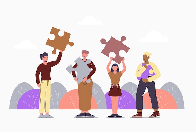 비즈니스 팀 협업에 대한 은유 사람들은 퍼즐의 요소를 연결합니다 팀워크 협업 파트너십 벡터 플랫 현대 그림