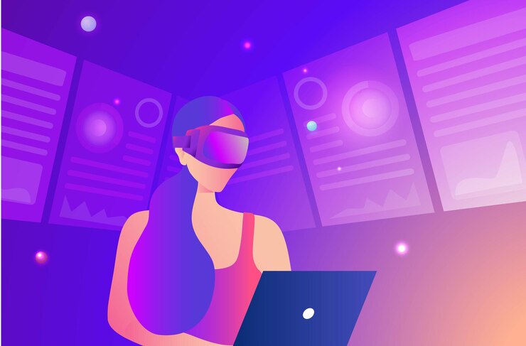 Vector metaverse in business concept businesswoman wearing virtual reality goggle glass having 3d ex