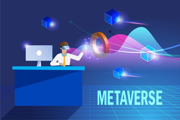 Vettore metaverso nella visualizzazione aziendale l'uomo d'affari utilizza l'intelligenza artificiale per analizzare il grafico 3d della realtà virtuale