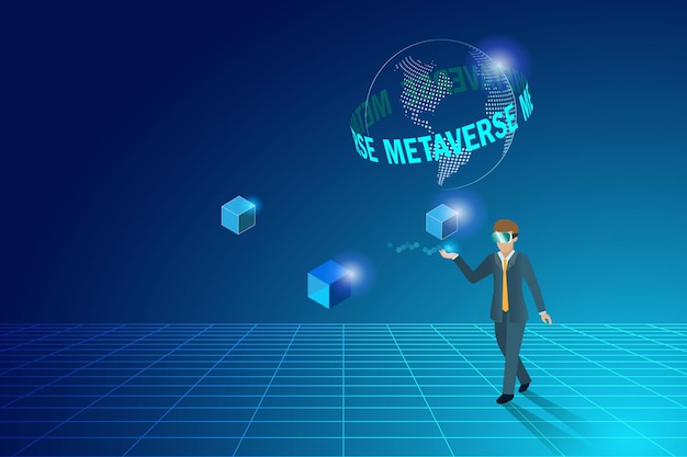 metaverse in business workplace virtual reality environment businessman wear vr goggle glass