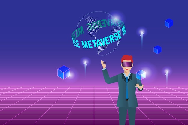 Metaverse in business workplace virtual reality environment Businessman wear VR goggle glass