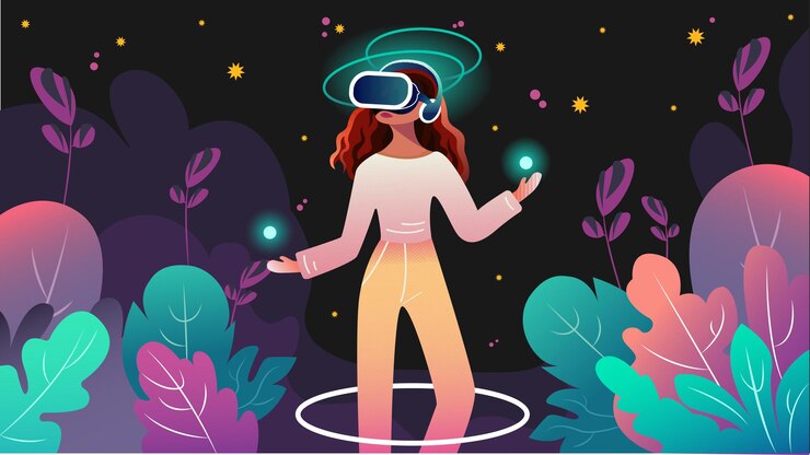 Vector metaverse digital cyber world technology woman character with glasses virtual reality vr