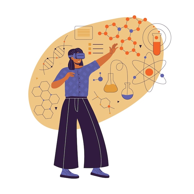 Vector metaverse digital virtual reality female scientist conducts scientific research in in virtual reality using vr headset and futuristic glasses break the science bias flat vector illustration