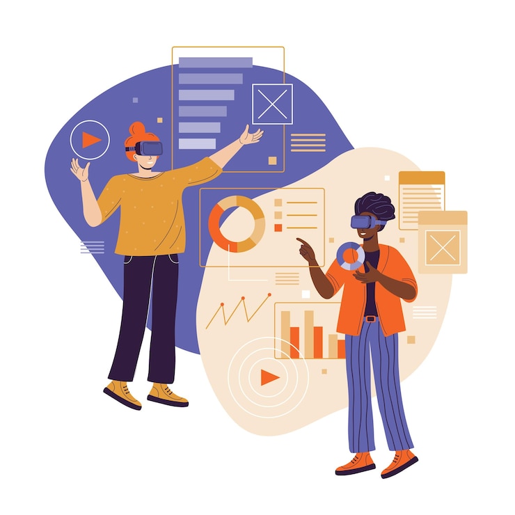 Vector metaverse digital virtual reality multicultural womens team working with business data in virtual reality using vr headset and futuristic glasses break the science bias flat vector illustration