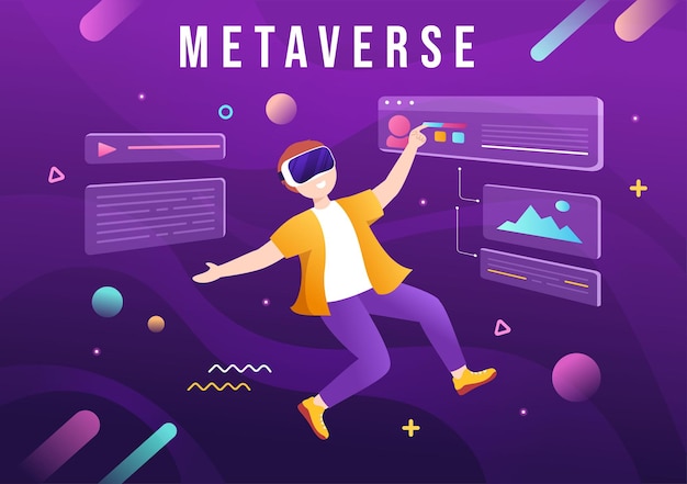 Metaverse Digital Virtual Reality-technologie draagt een VR-bril in de hand getekende illustratie