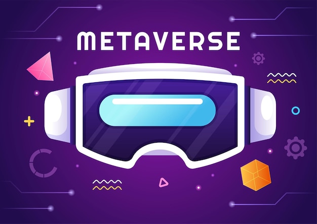 Технология цифровой виртуальной реальности Metaverse носит очки виртуальной реальности на рисованной иллюстрации