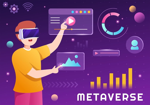 Metaverse 디지털 가상 현실 기술은 손으로 그린 그림에서 VR 안경을 착용합니다.