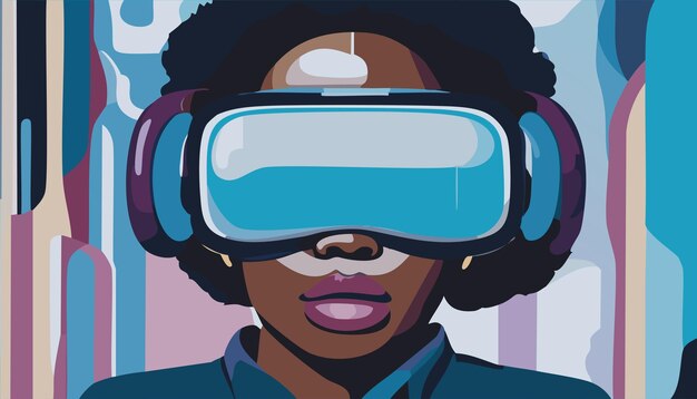 Vector metaverse digital virtual reality technology of a woman with glasses and a headset vr connected to