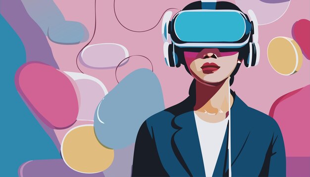Vettore tecnologia di realtà virtuale digitale metaverse di una donna con occhiali e una cuffia vr collegata