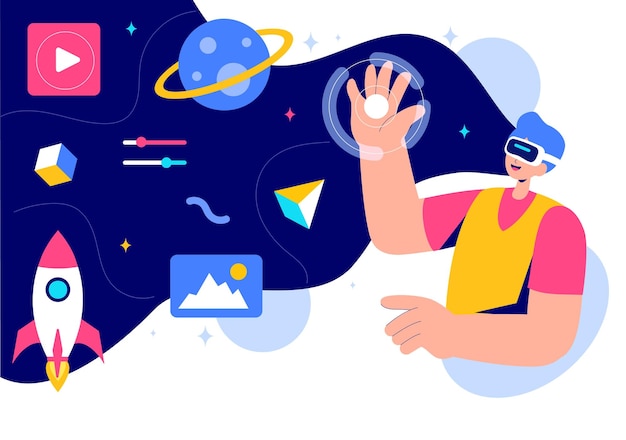 Metaverse Digital Virtual Reality Vector Illustratie van een persoon die een VR-bril draagt om toekomstige innovatie en communicatie op de achtergrond te verkennen