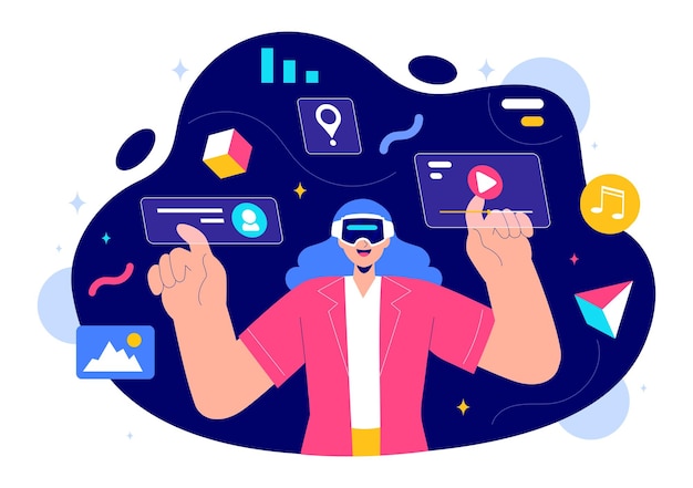 Metaverse Digital Virtual Reality Vector Illustration of a Person Wearing VR Glasses Exploring Future Innovation and Communication in a Background