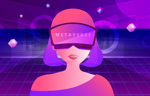 Vector metaverse digitale virtual reality en augmented reality-technologie vrouw die virtual reality draagt