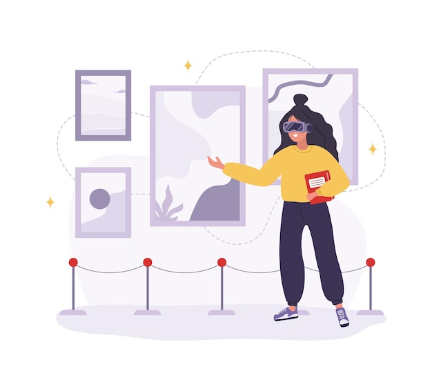 Metaverse en Cyberspace Vrouw in VR-bril in museum NFT kunstgalerie Virtuele vakantie of reisconcept Moderne technologie entertainment Vectorillustratie in platte cartoonstijl