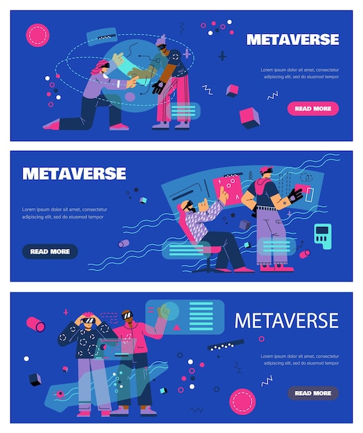 Metaverse exploration horizontal banners set flat vector illustration