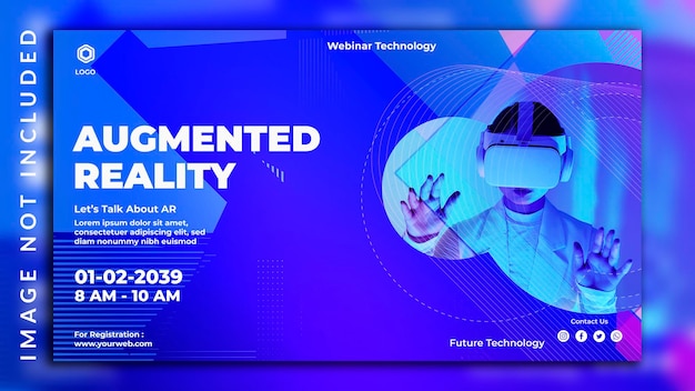 Metaverse facebook cover for webinar conference realistic neon futuristic augmented reality banner design with a woman photo