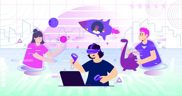 Vector metaverse flat composition with user wearing vr headset and people interacting with objects in virtual reality vector illustration