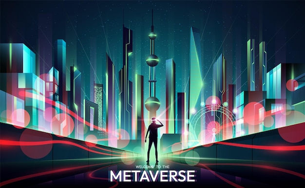 Metaverse future cityscape perspective view Metaverse technology world concept