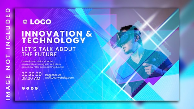Webinar di innovazione futuristica metaverse tecnologia virtuale e design di banner per la futura tecnologia di innovazione al neon con una foto di un uomo