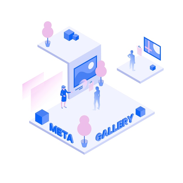 Metaverse gallery illustration isometric top view interior design