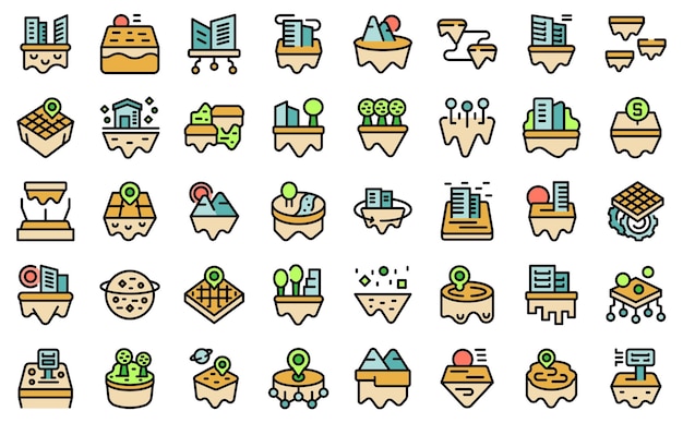 Metaverse land icons set outline vector Space sale Vr marketing thin line color flat on white