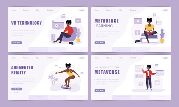 Metaverse landing page template collection African women wearing VR glasses Augment reality or Cyberspace concept Modern technology entertainment Vector illustration in flat cartoon style