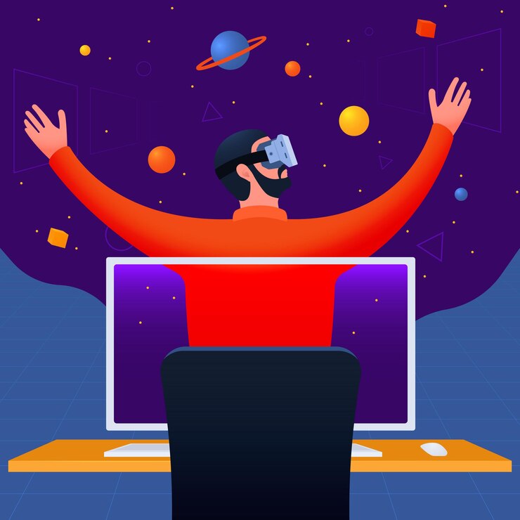 Vector metaverse and a man at his desk wearing a virtual reality helmet